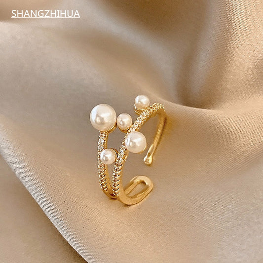 Luxurious And Exquisite Double-deck Pearl Adjustable Ring For Woman Gothic Jewelry Korean Fashion Girls Unusual Accessories