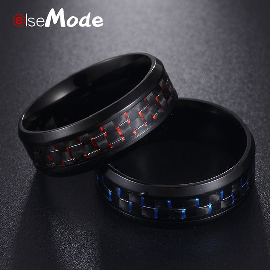 Titanium Steel Black Carbon Fiber Mens Cool Rings Red Blue Ring Anel Masculino Jewelry