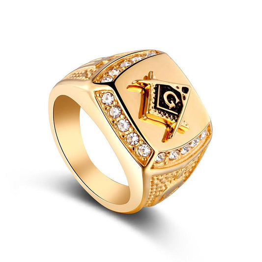 Vintage Crystal Masonic Gold Color Men Ring