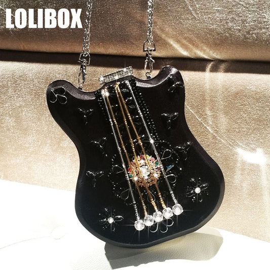 LOLIBOX Women Clutch Evening Party Hand-beaded Diamond Violin Design Chain Messenger Bags Women Dinner Bag