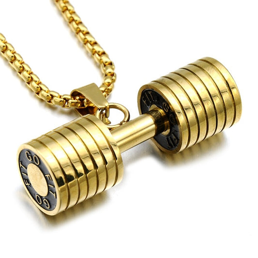 HIP Men Gold Color Titanium Stainless Steel GO FIT Dumbbell Gym Fitness Barbell Pendant Necklaces For Men Sport Jewelry